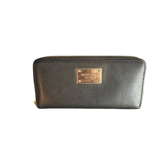 Michael Kors Black Pebbled Leather Continental Zip Wallet With Gold Logo Plate - Picture 3 of 9